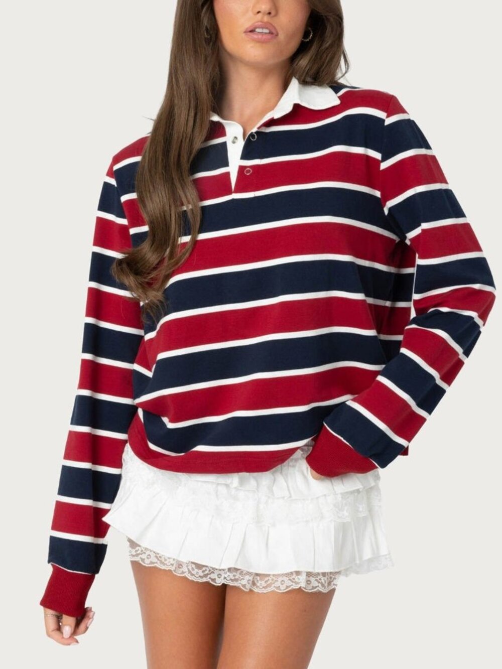Edikted Striped Long Sleeve Polo Top Red Navy White M
